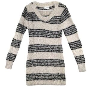 Mirumi Striped Fuzzy Knit Sweater Dress Long Sleeve Sparkle V Neck M‎